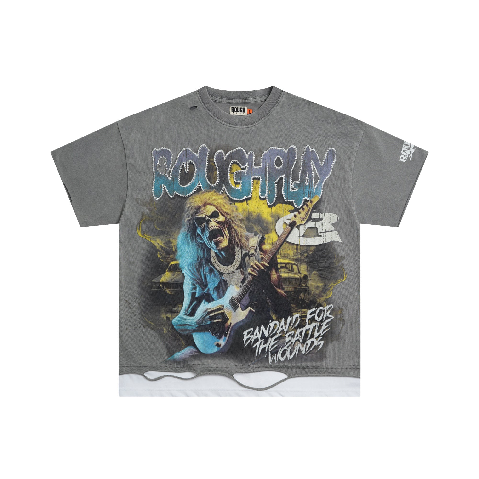RoughPlay Rock Guitar Musician Graphic Distressed Short‑Sleeve Tee Vintage Rock Streetwear T‑Shirt
