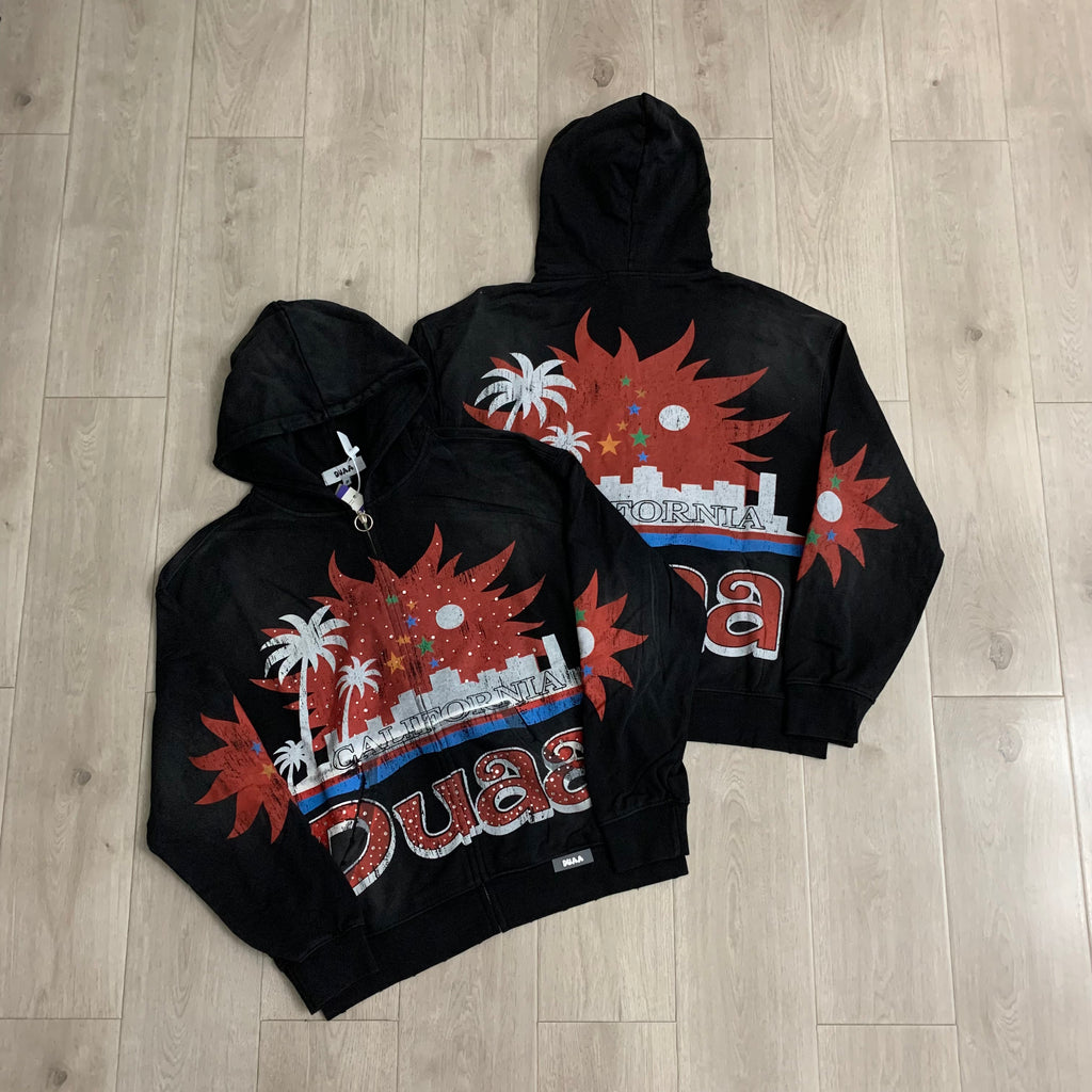 DUAA Palm City Sunset Graphic Zip‑Up Hoodie Vintage Streetwear Hooded Jacket