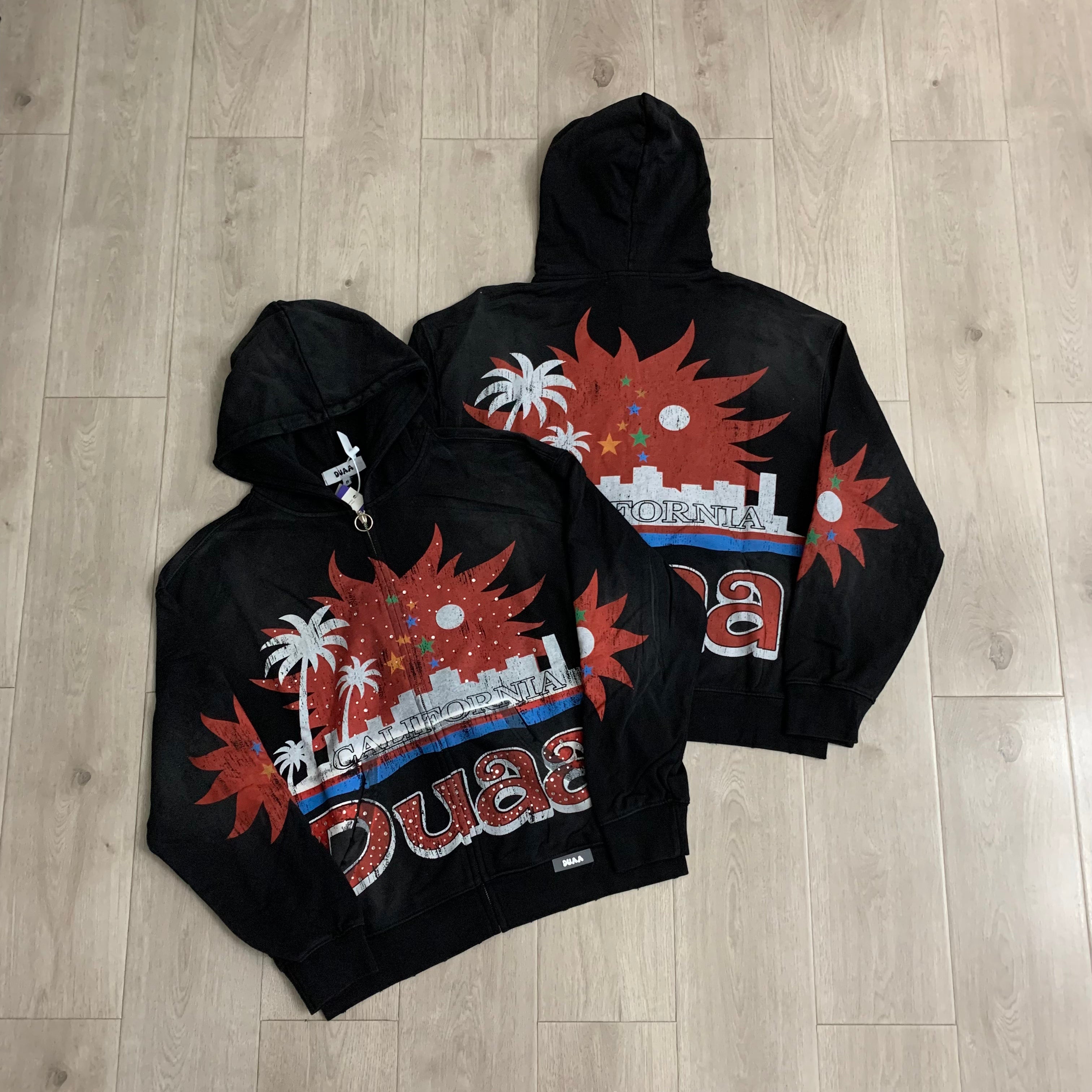 DUAA Palm City Sunset Graphic Zip‑Up Hoodie Vintage Streetwear Hooded Jacket