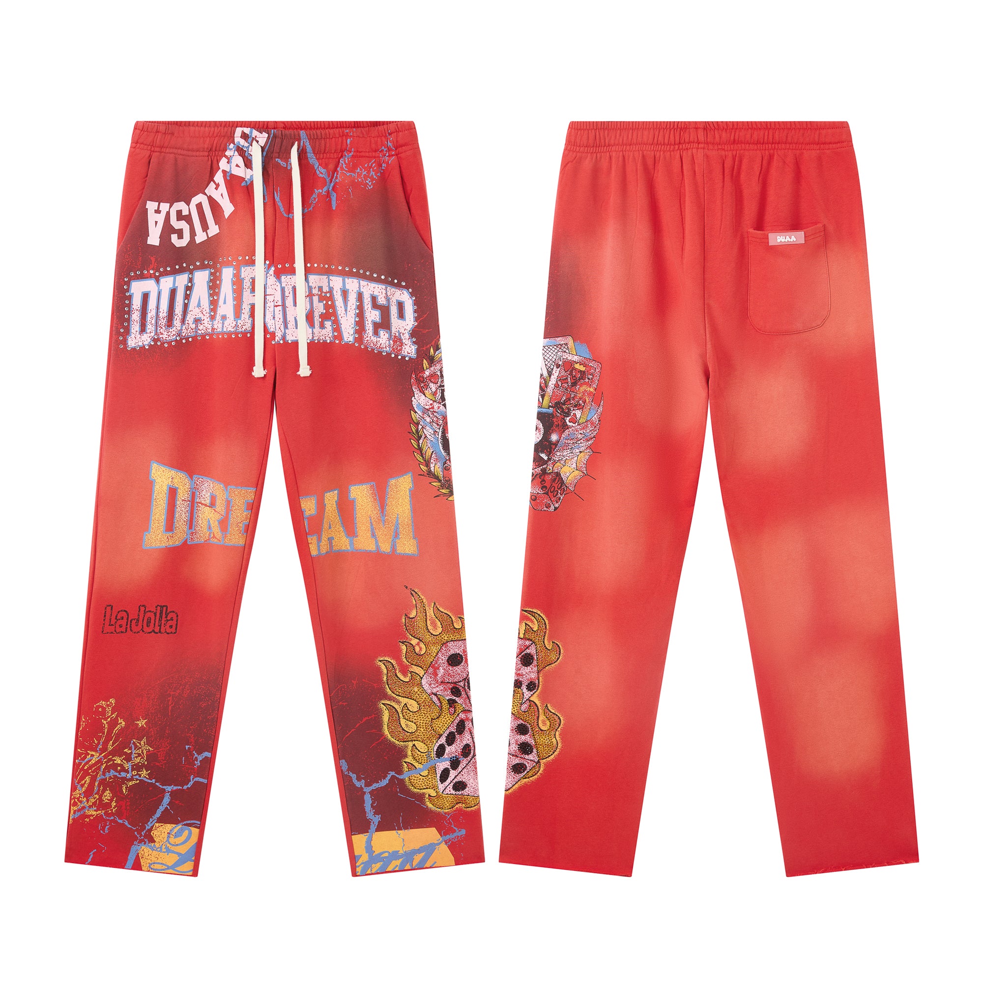 Red Gradient Letter Dice Graphic Wide Leg Pants