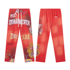 DUAA Red Gradient Letter Dice Graphic Wide Leg Pants
