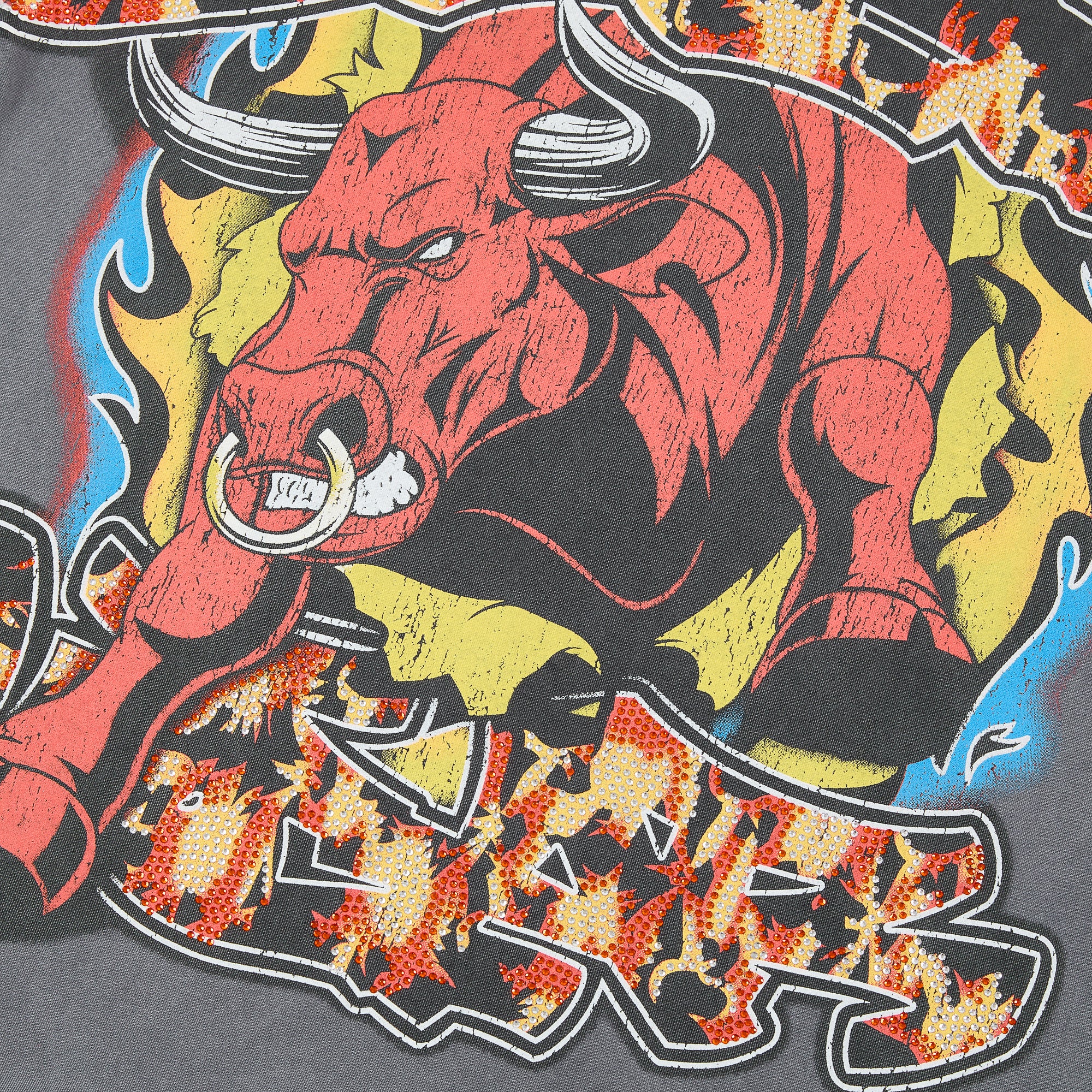 DUAA Charging Bull Fire Flame Vintage Graphic Oversized T‑Shirt