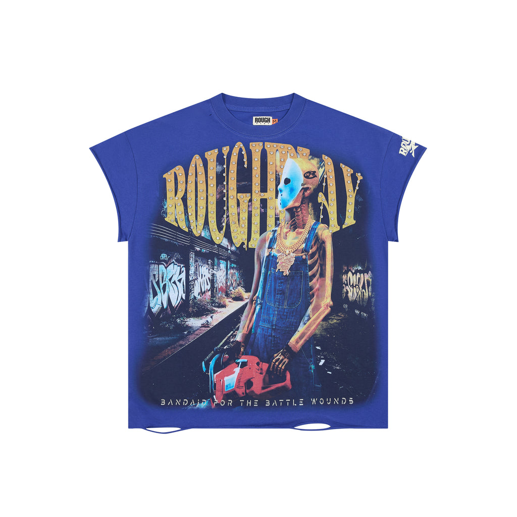 RoughPlay Masked Figure Double‑Sided Print Distressed Tee