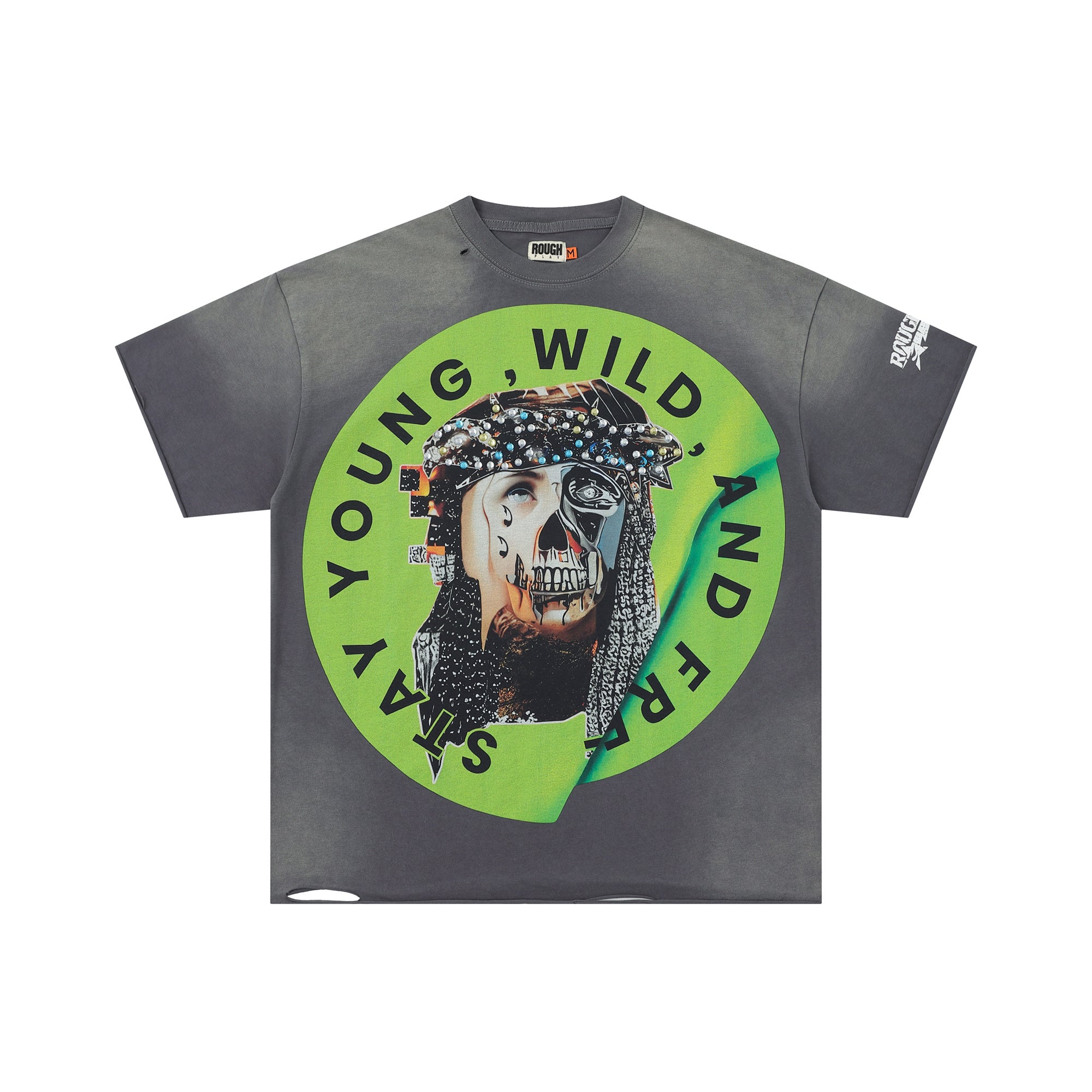 RoughPlay Stay Young Wild And Free Skull Portrait Green Circle Graphic Distressed Short‑Sleeve Tee Vintage Streetwear T‑Shirt