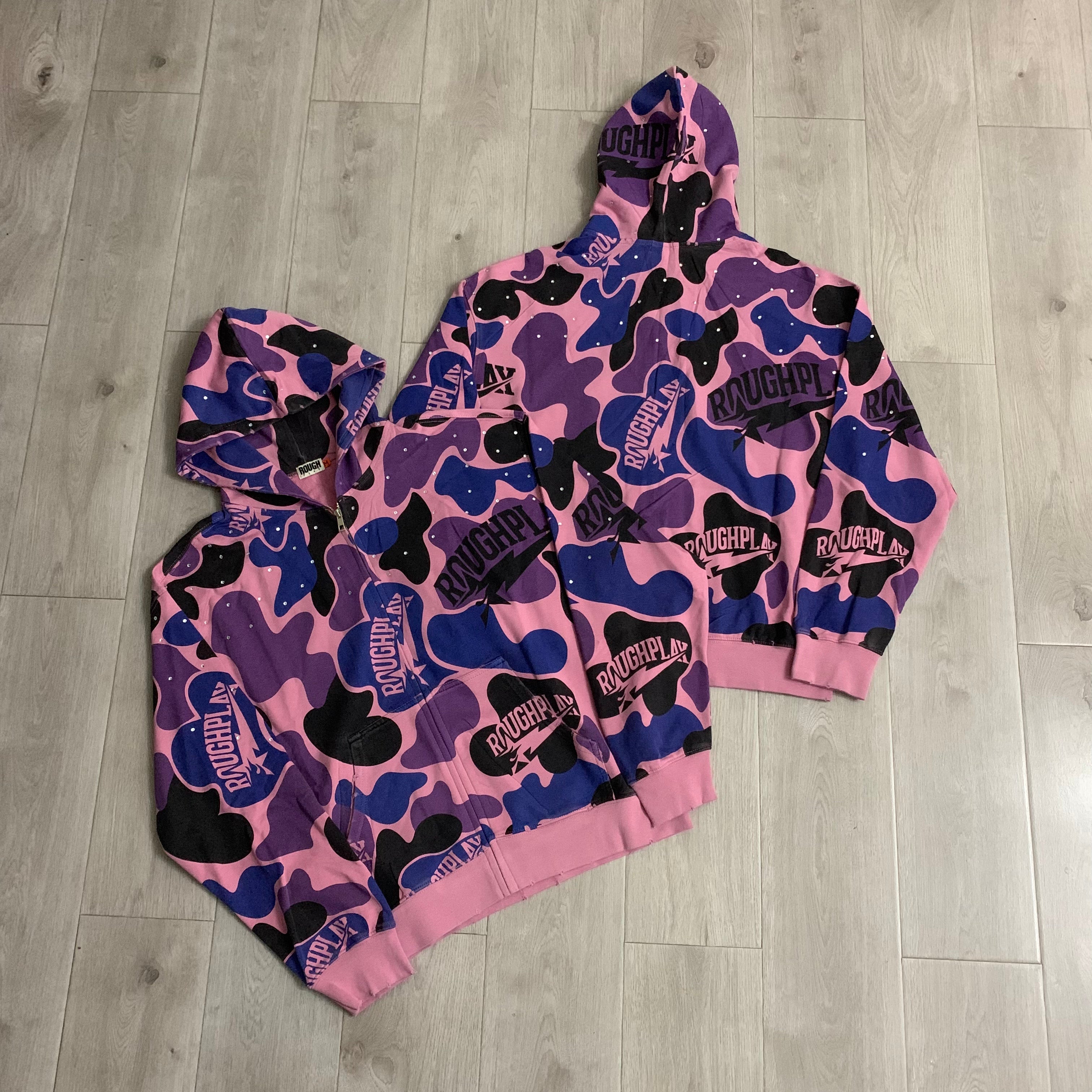 RoughPlay Pink Purple Camo Print Zip‑Up Vintage Hoodie