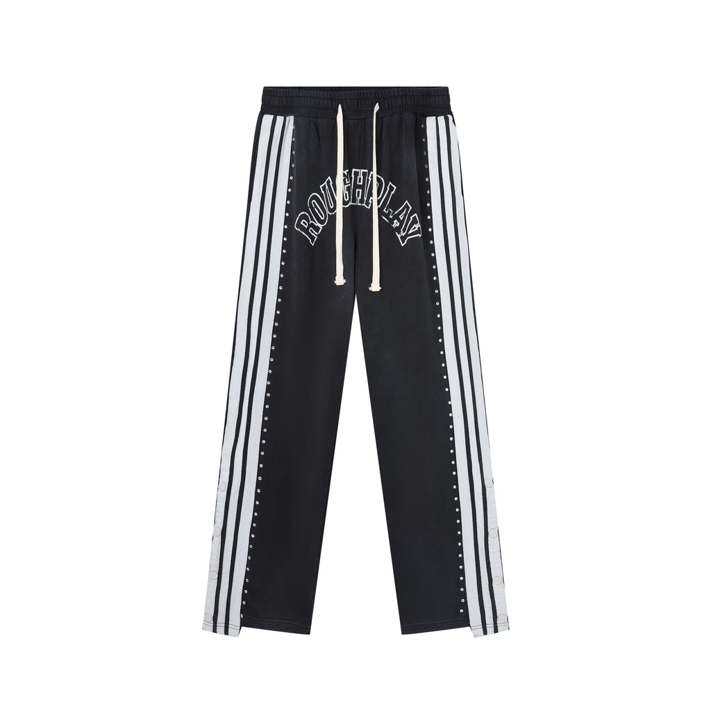 RoughPlay Black Double‑Side White Stripe Straight Leg Sweatpants