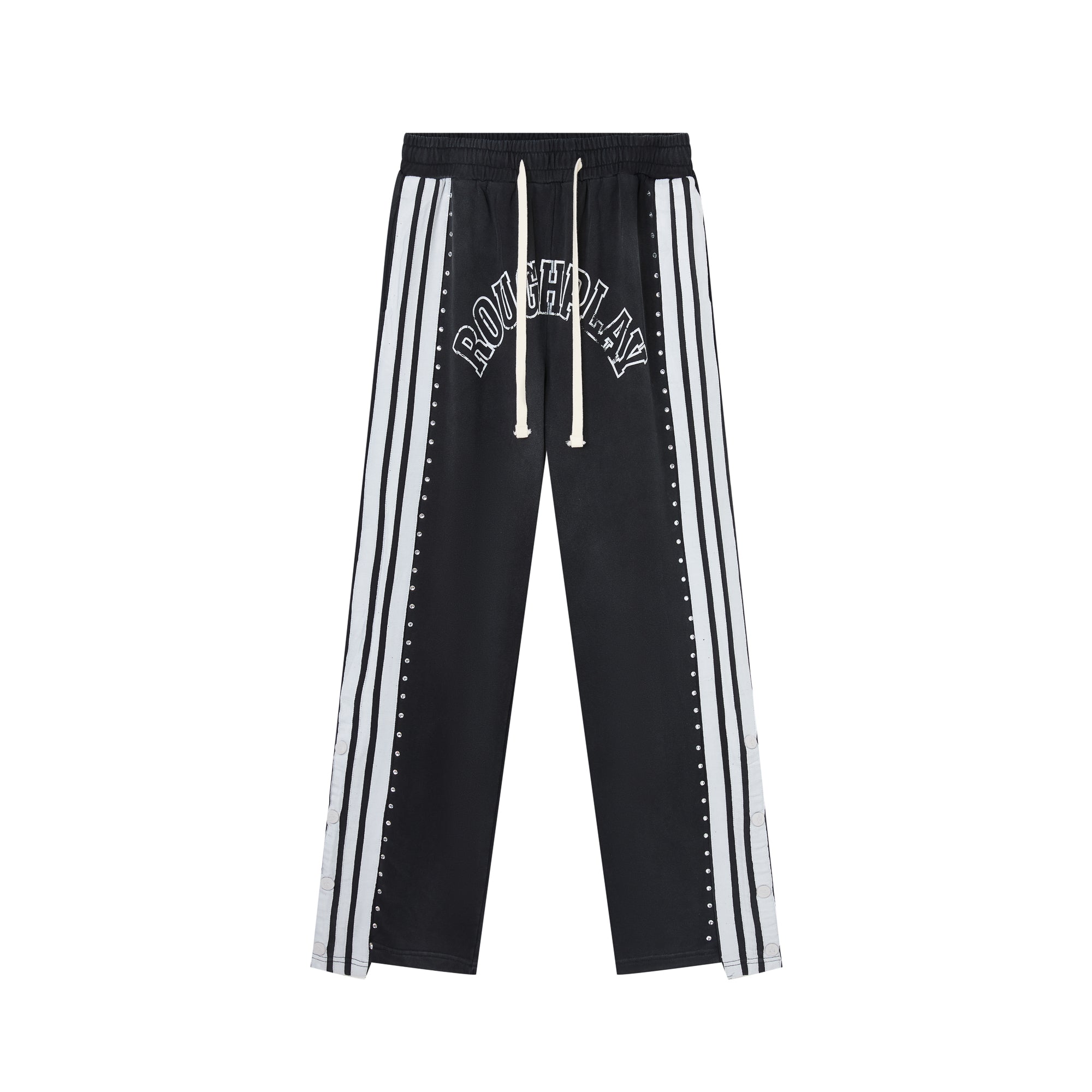 RoughPlay Black Double‑Side White Stripe Straight Leg Sweatpants