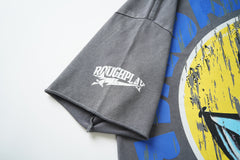 RoughPlay Skeleton Baseball Player Graphic Distressed Short‑Sleeve Tee Vintage Streetwear T‑Shirt