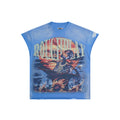RoughPlay Sunset Warrior Sunflower Graphic Distressed Short‑Sleeve Tee Vintage Streetwear T‑Shirt