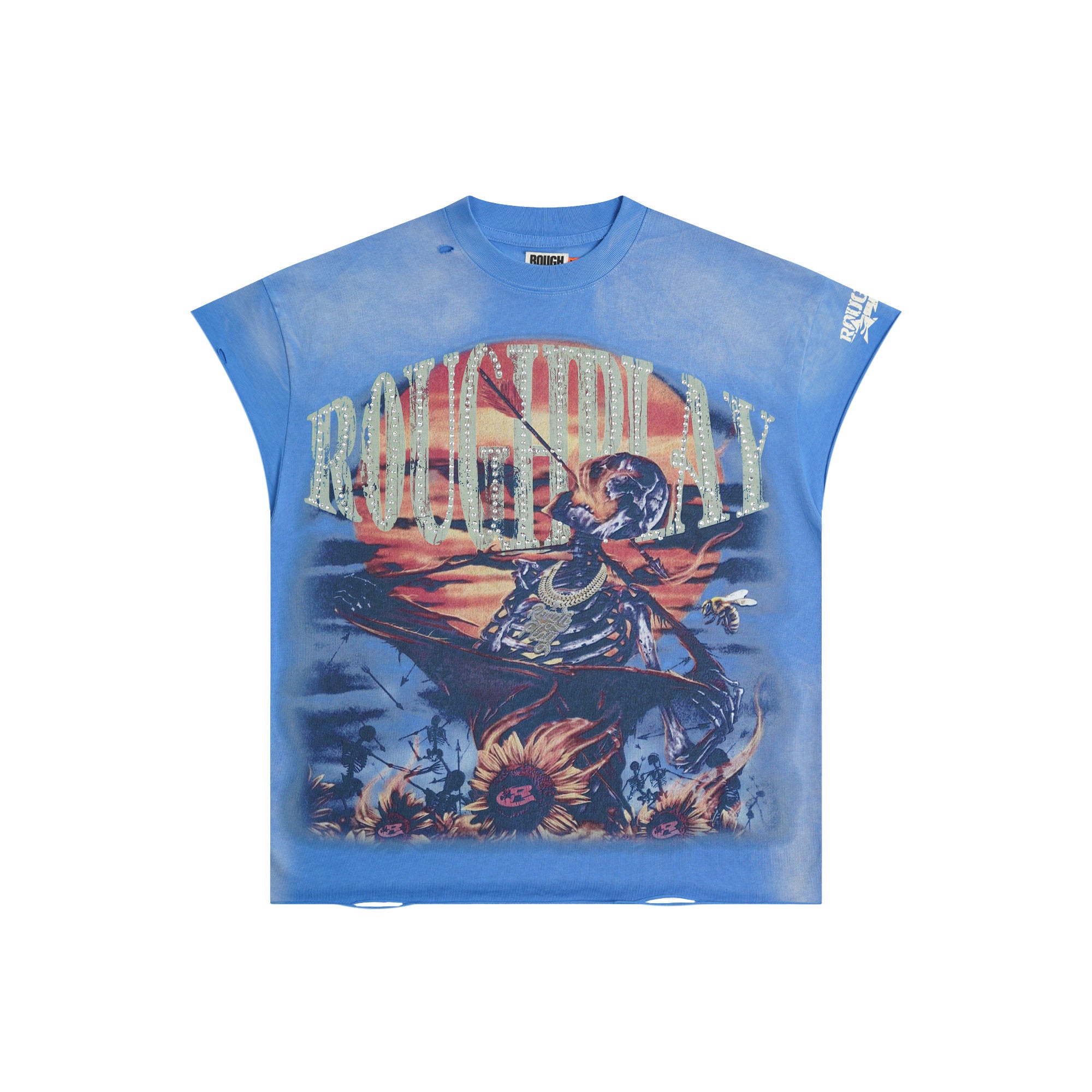 RoughPlay Sunset Warrior Sunflower Graphic Distressed Short‑Sleeve Tee Vintage Streetwear T‑Shirt