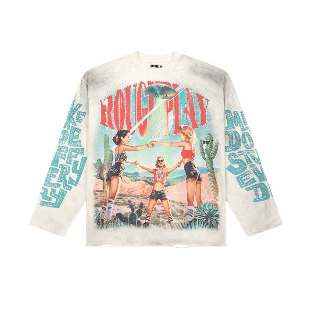 RoughPlay Desert UFO Vintage Graphic Distressed Long Sleeve Tee
