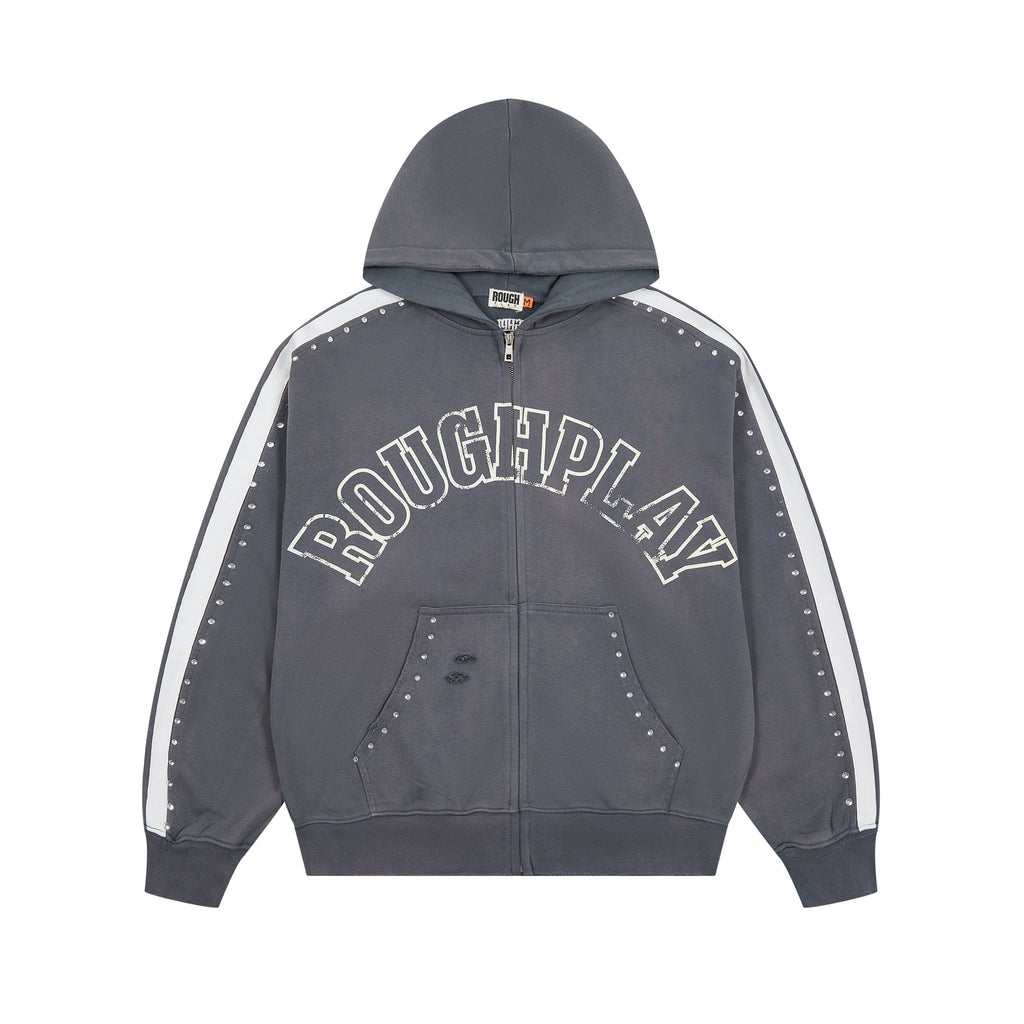 RoughPlay Dark Grey Varsity Stripe Zip‑Up Vintage Hoodie
