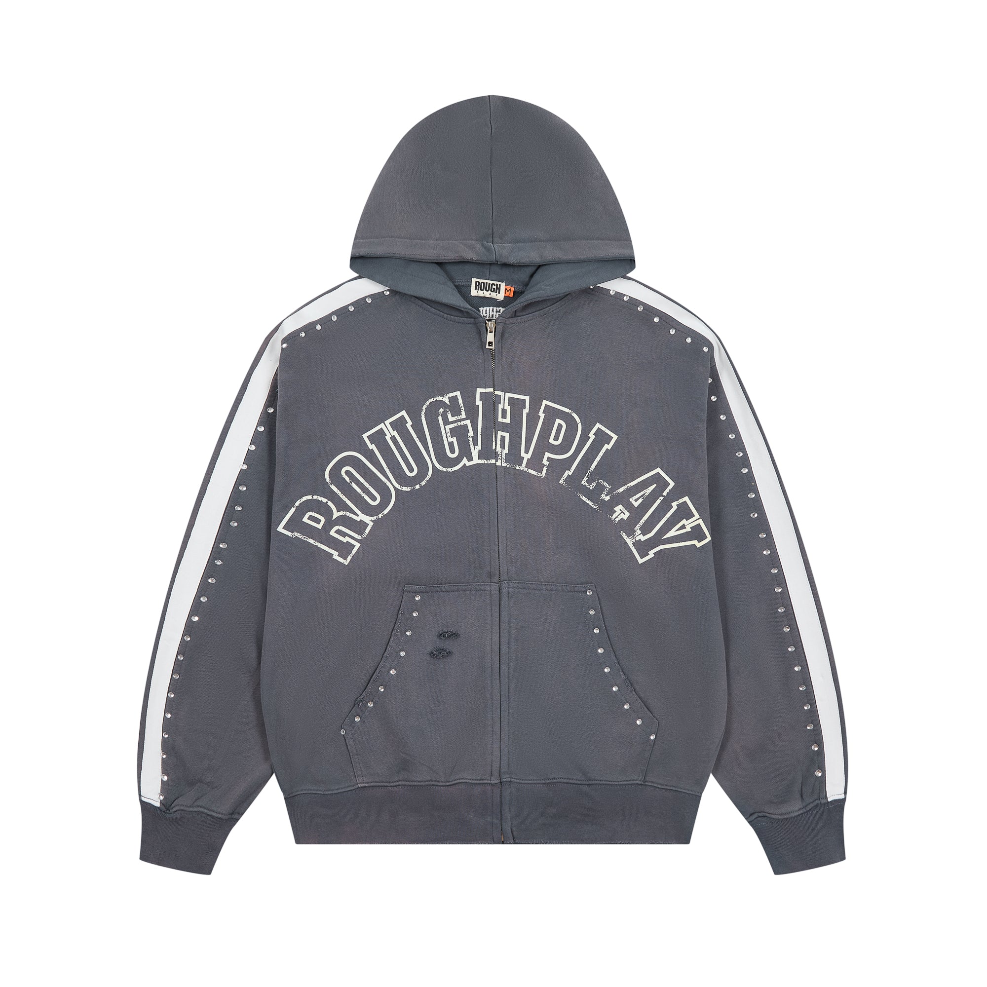 RoughPlay Dark Grey Varsity Stripe Zip‑Up Vintage Hoodie