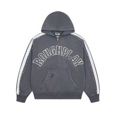 RoughPlay Dark Grey Varsity Stripe Zip‑Up Vintage Hoodie