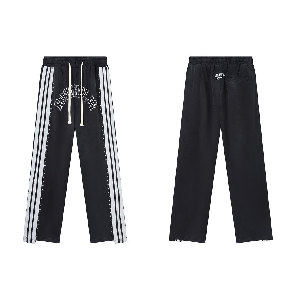 RoughPlay Black Double‑Side White Stripe Straight Leg Sweatpants