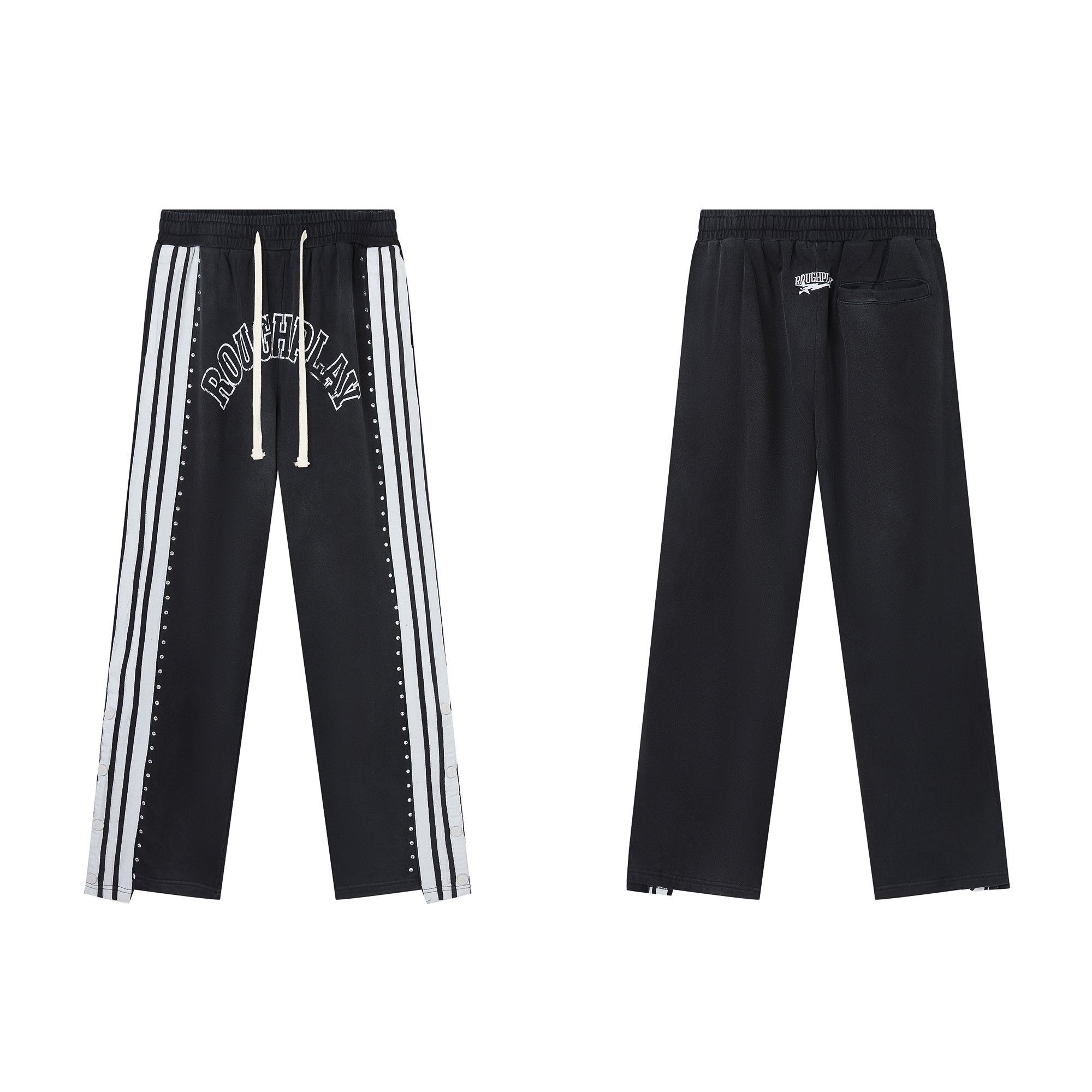RoughPlay Black Double‑Side White Stripe Straight Leg Sweatpants