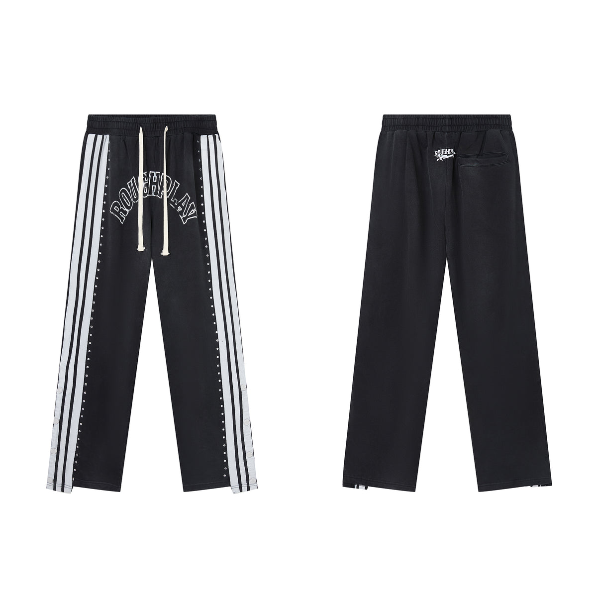 RoughPlay Black Double‑Side White Stripe Straight Leg Sweatpants