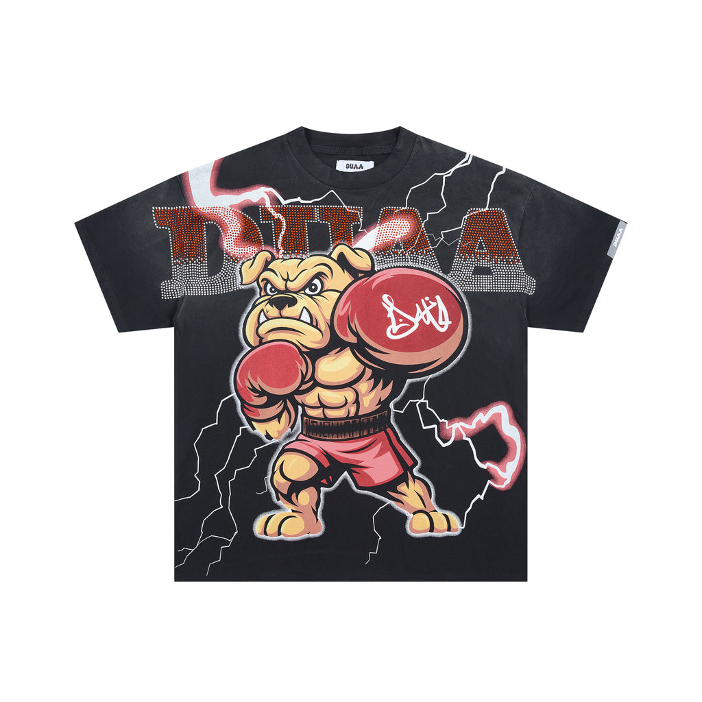 DUAA Boxing Bulldog Lightning Vintage Graphic Oversized T‑Shirt