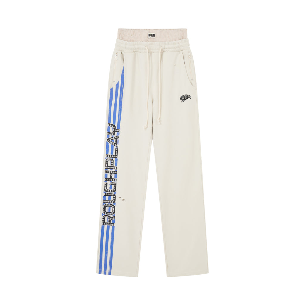 RoughPlay Cream Side Stripe Black Letter Straight Leg Sweatpants