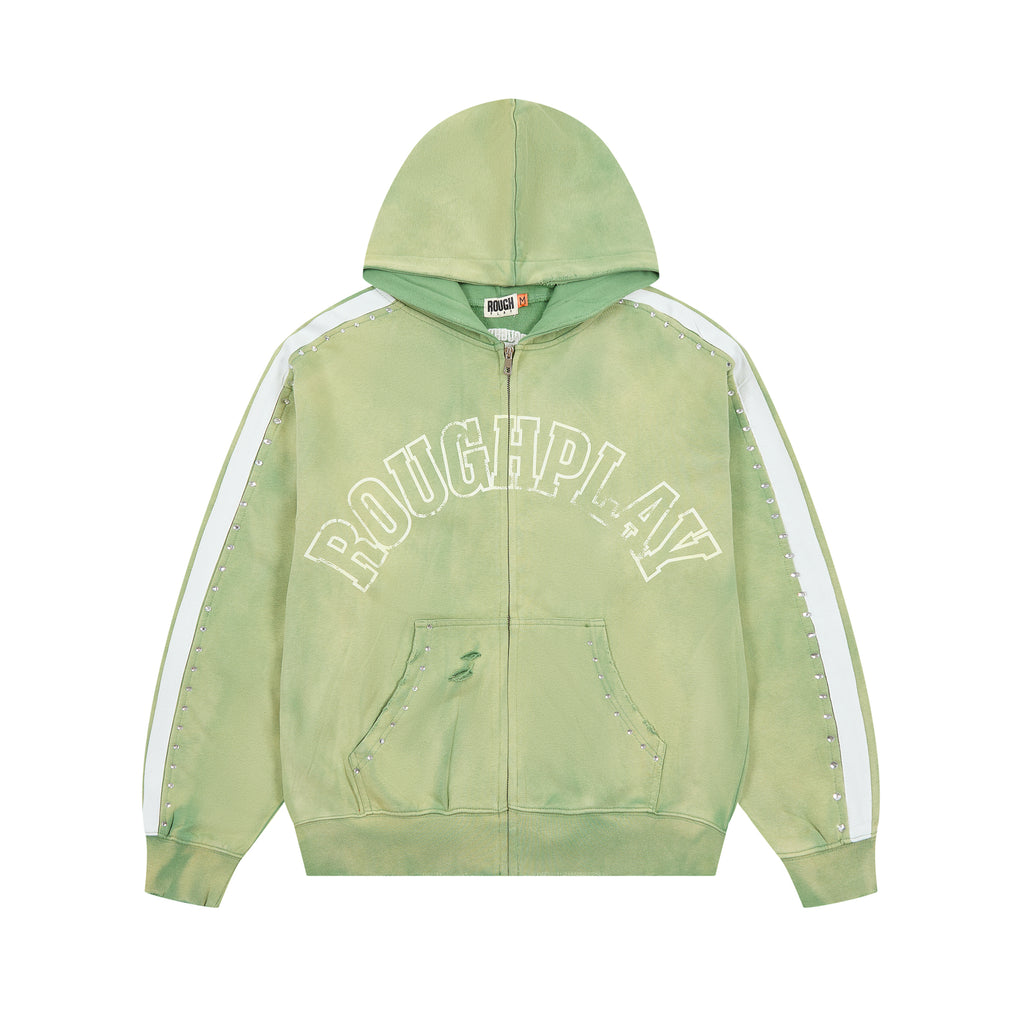 RoughPlay Green Tie‑Dye Varsity Stripe Zip‑Up Vintage Hoodie