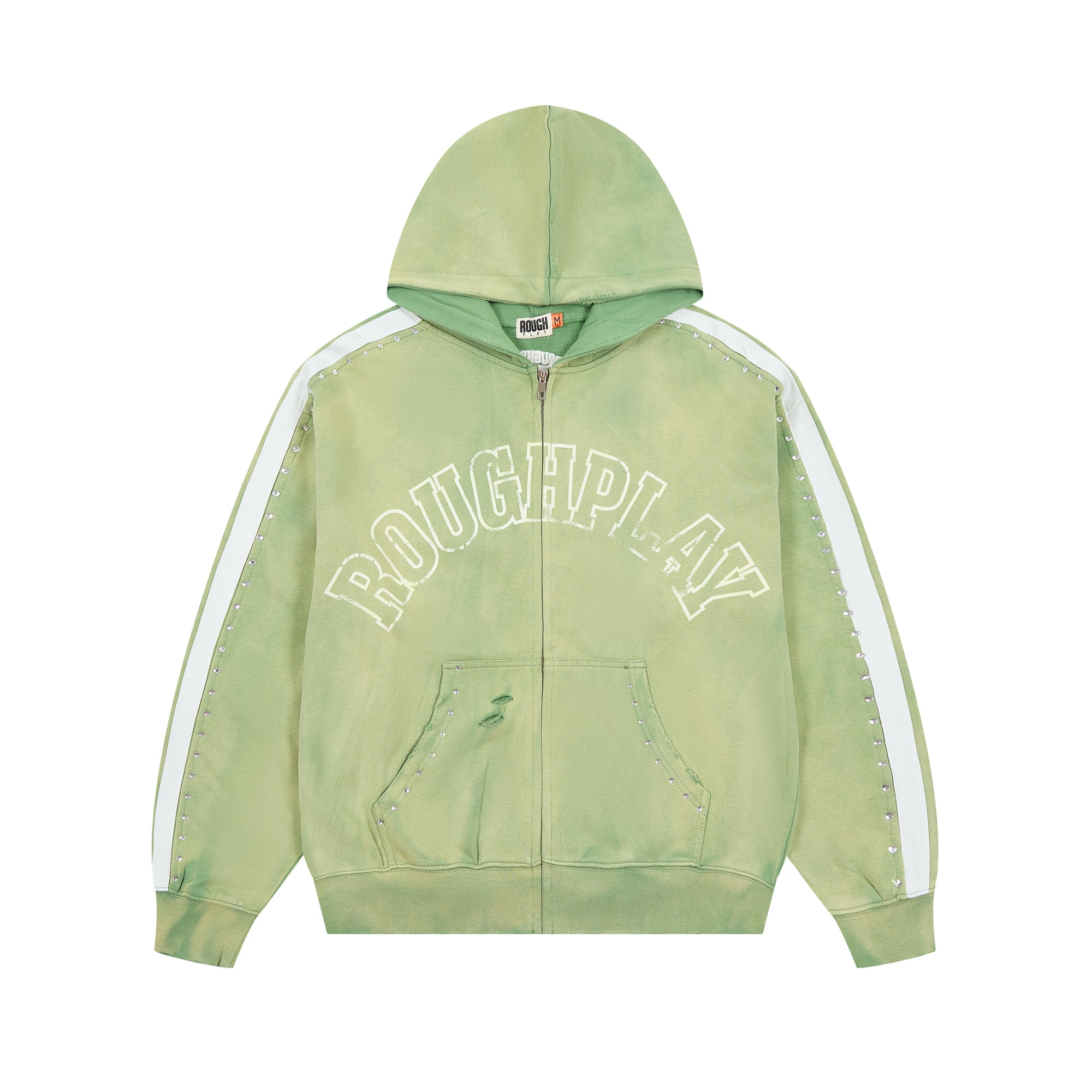 RoughPlay Green Tie‑Dye Varsity Stripe Zip‑Up Vintage Hoodie