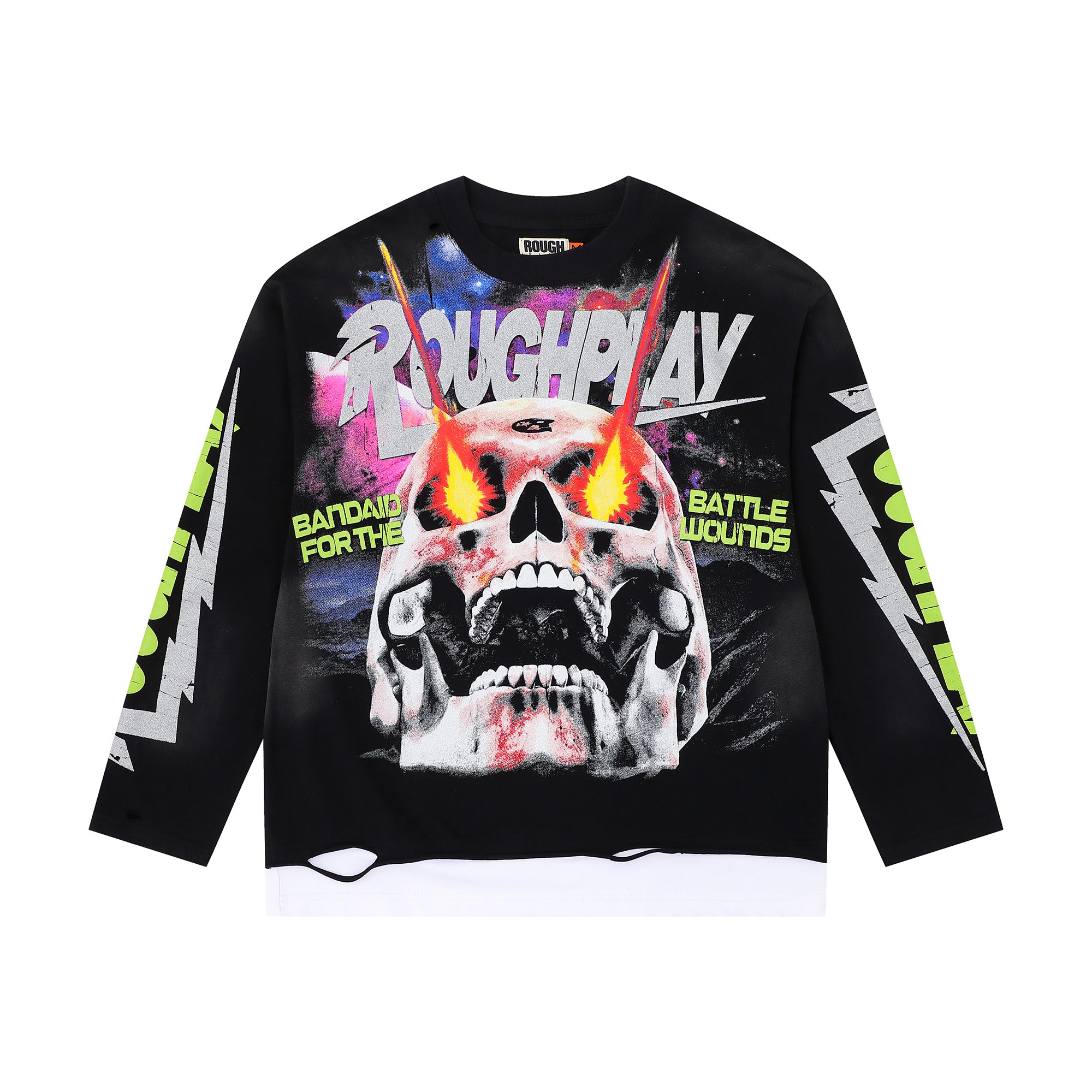 RoughPlay Fire‑Eye Skull Graphic Distressed Long Sleeve Tee