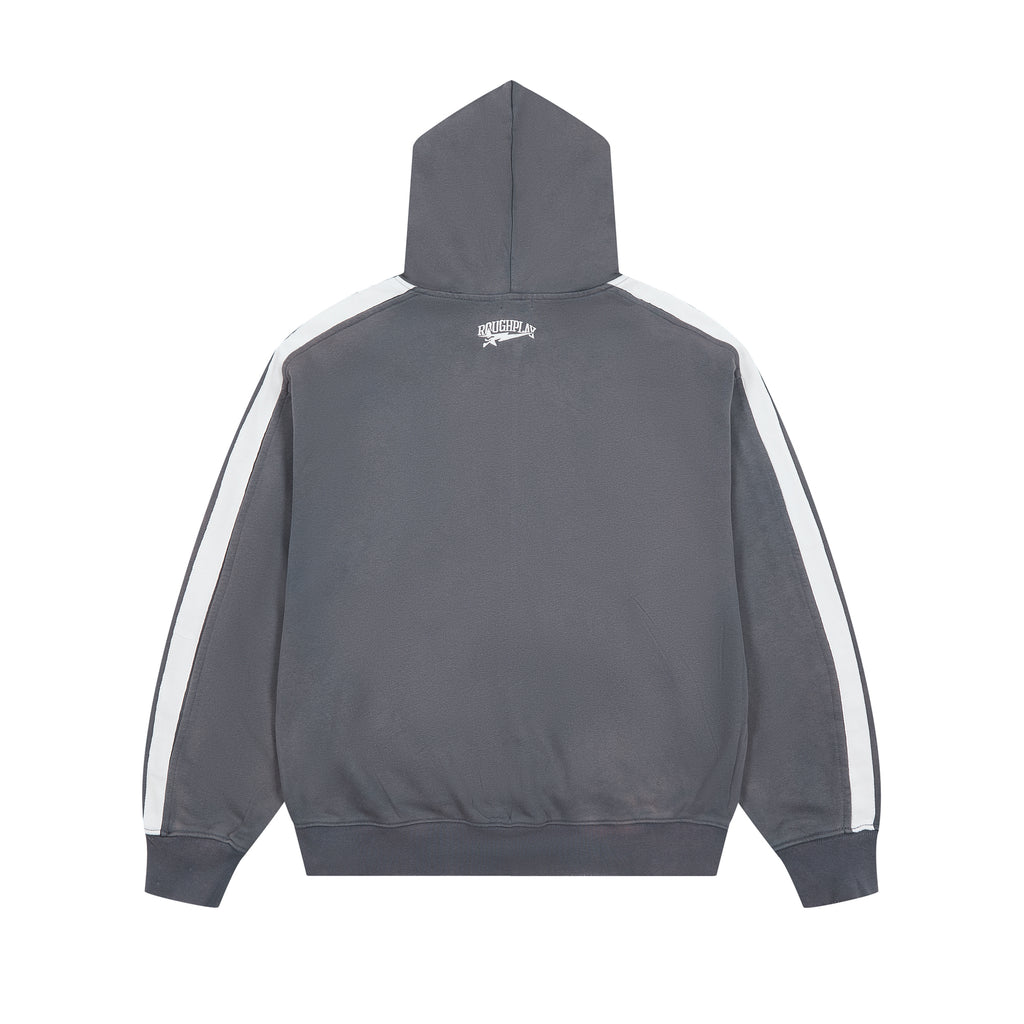 RoughPlay Dark Grey Varsity Stripe Zip‑Up Vintage Hoodie
