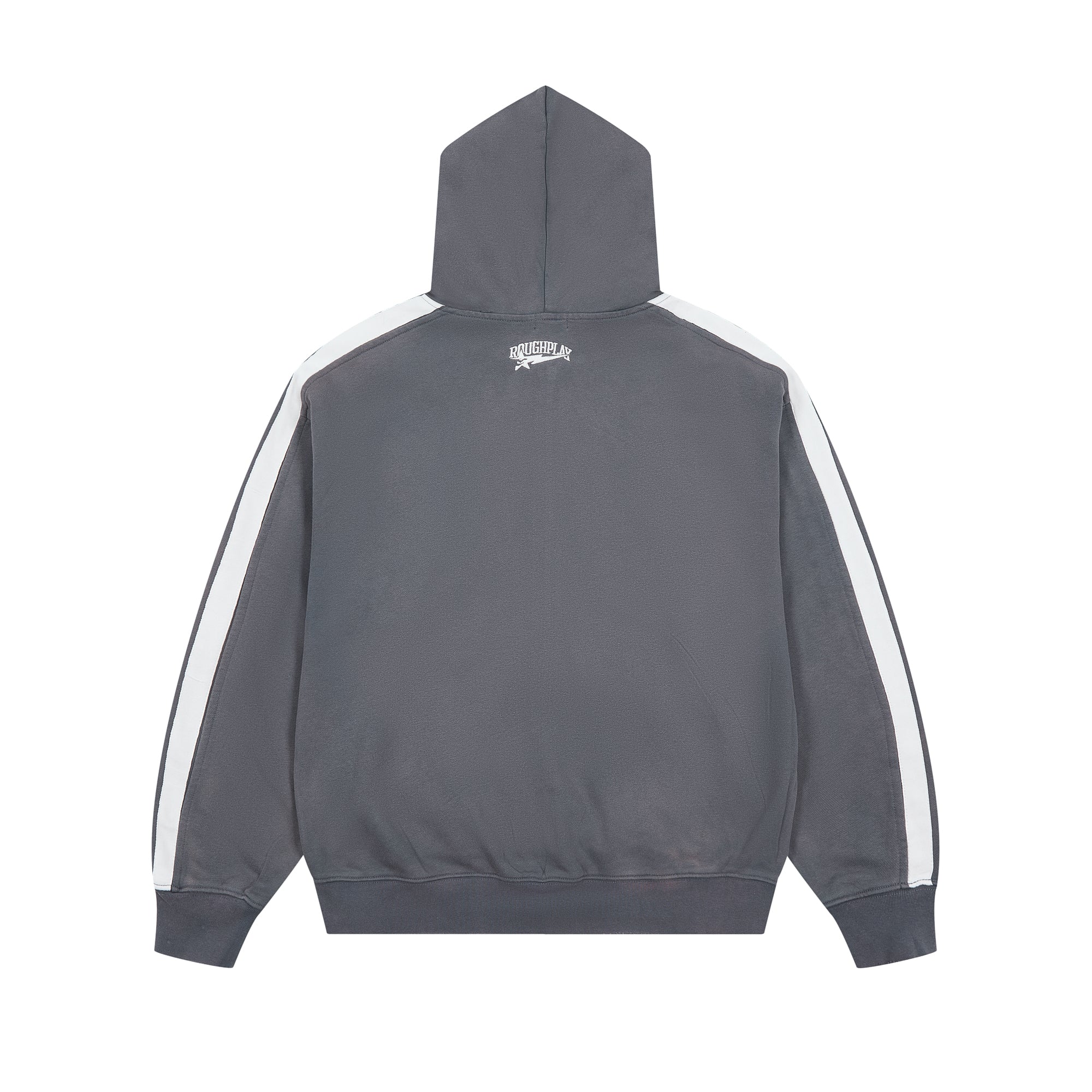 RoughPlay Dark Grey Varsity Stripe Zip‑Up Vintage Hoodie