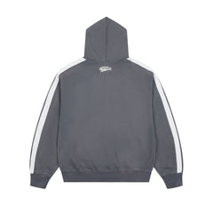 RoughPlay Dark Grey Varsity Stripe Zip‑Up Vintage Hoodie