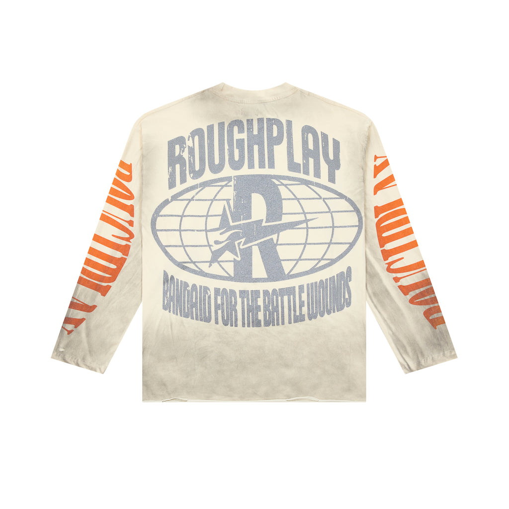 RoughPlay Warning Tape Statue Of Liberty Off‑White Vintage Distressed Long Sleeve Tee