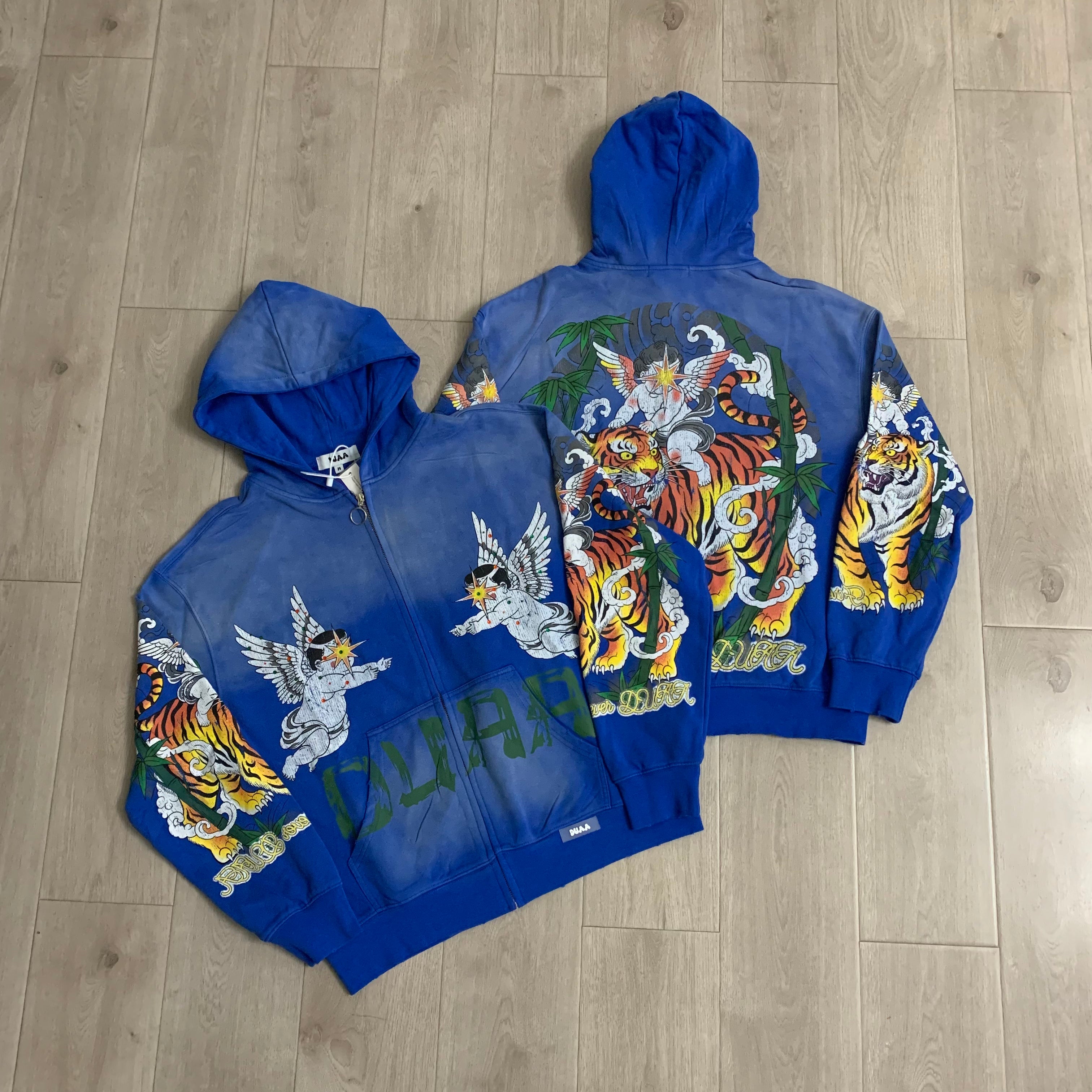 DUAA Angel Tiger Graphic Zip‑Up Hoodie Vintage Streetwear Hooded Jacket