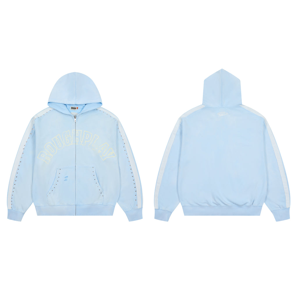 RoughPlay Baby Blue Varsity Stripe Zip‑Up Vintage Hoodie