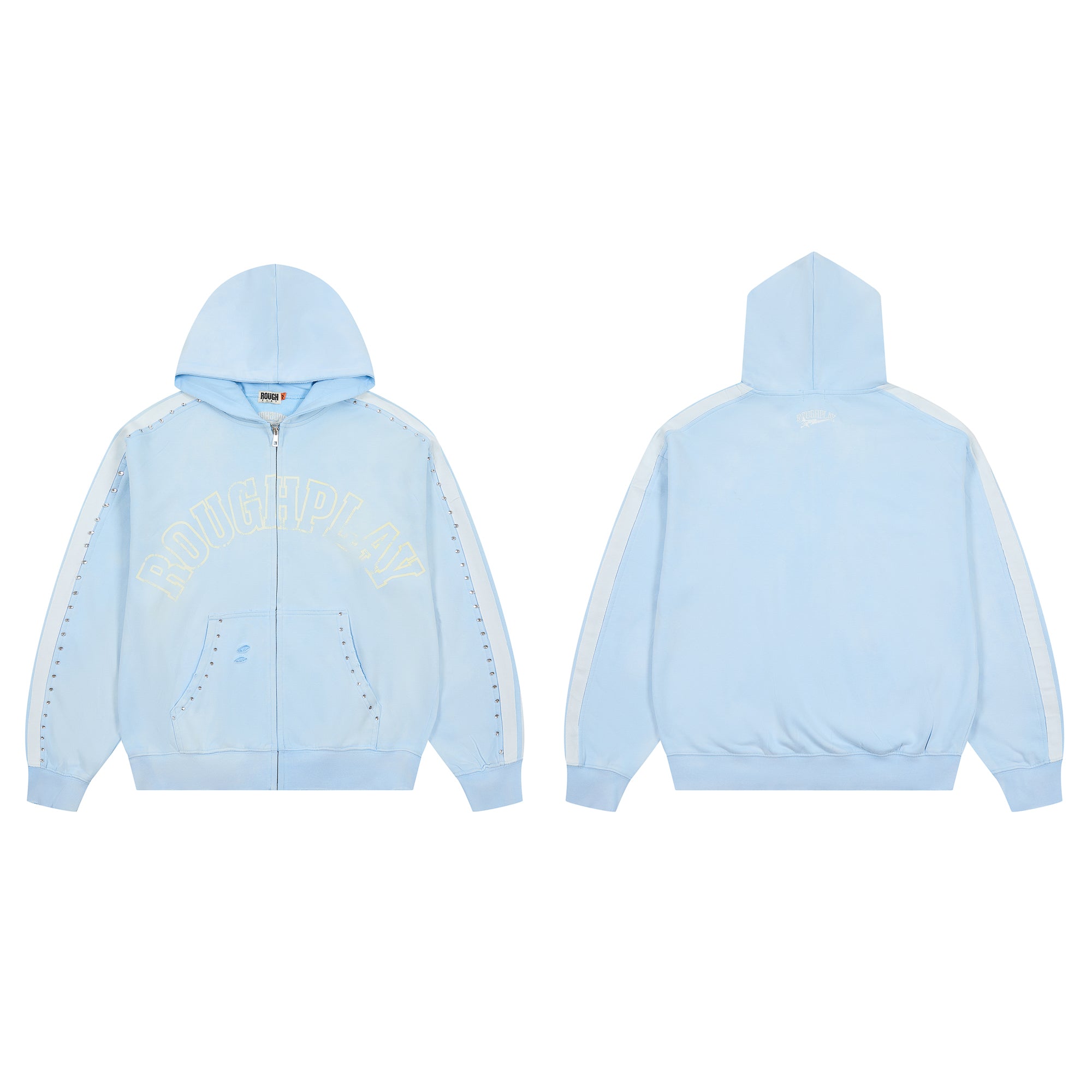 RoughPlay Baby Blue Varsity Stripe Zip‑Up Vintage Hoodie