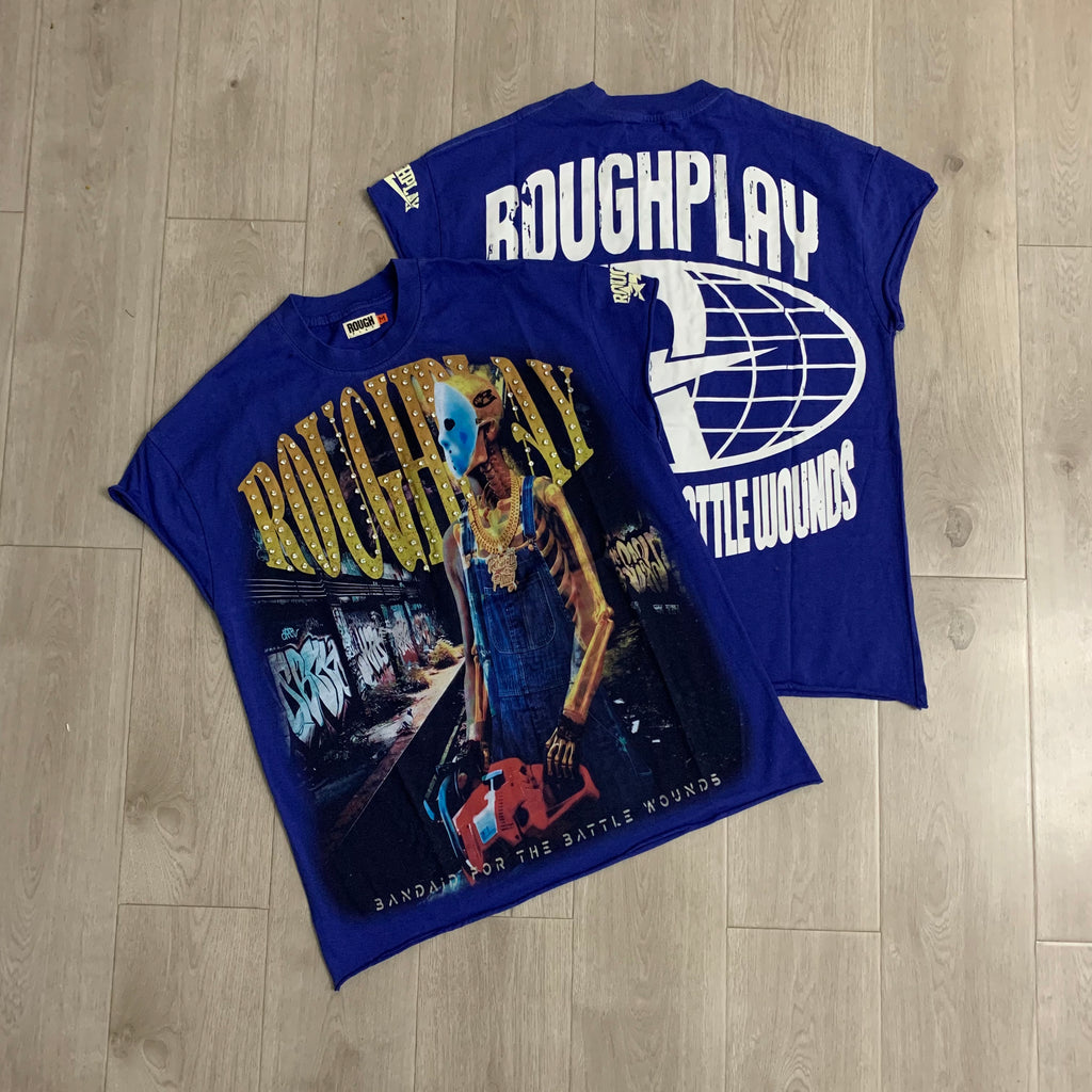 RoughPlay Masked Figure Double‑Sided Print Distressed Tee