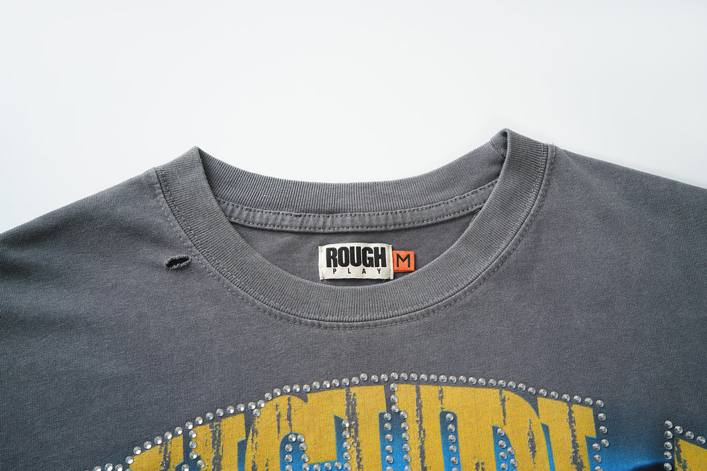 RoughPlay Skeleton Baseball Player Graphic Distressed Short‑Sleeve Tee Vintage Streetwear T‑Shirt